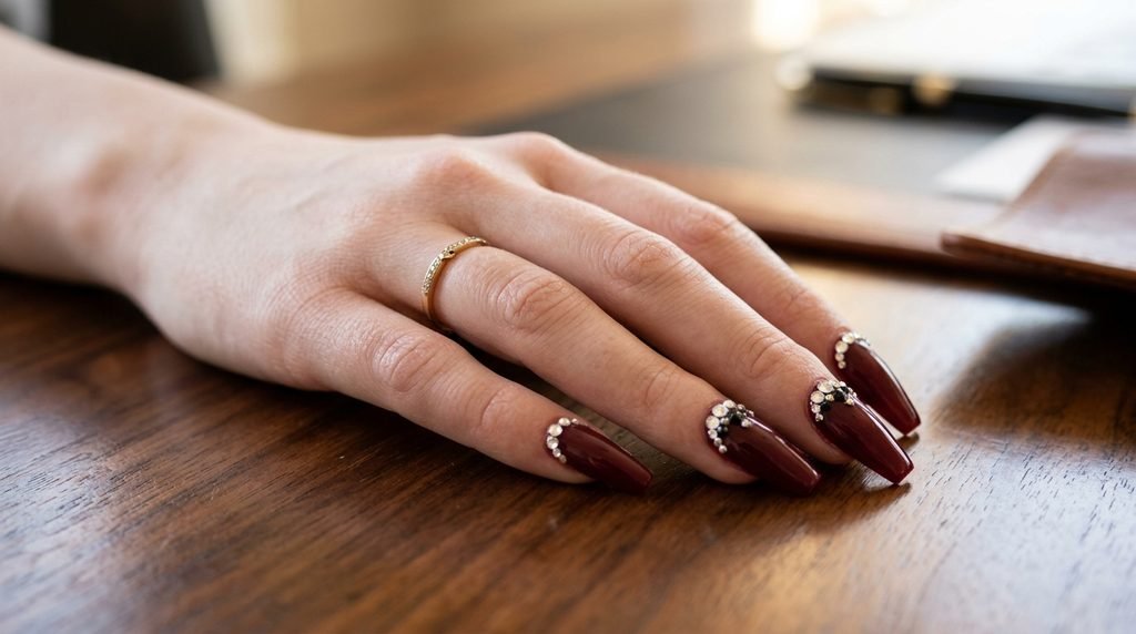 Rhinestone crystal clusters at the cuticle of burgundy coffin nails on an 18-year-old white hand on walnut wood.