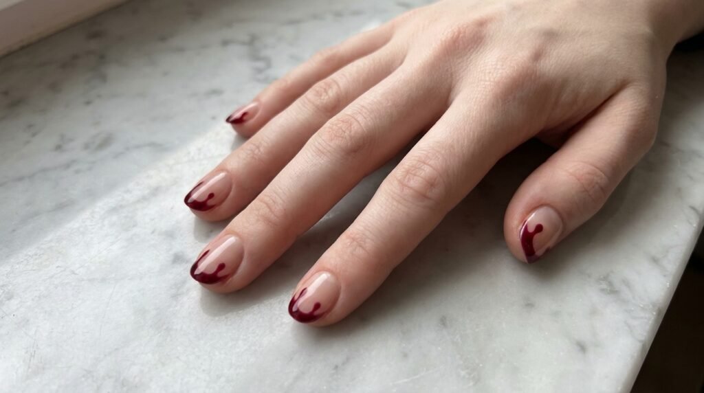 Short round nails painted with red blood drip French tips on a white female hand.