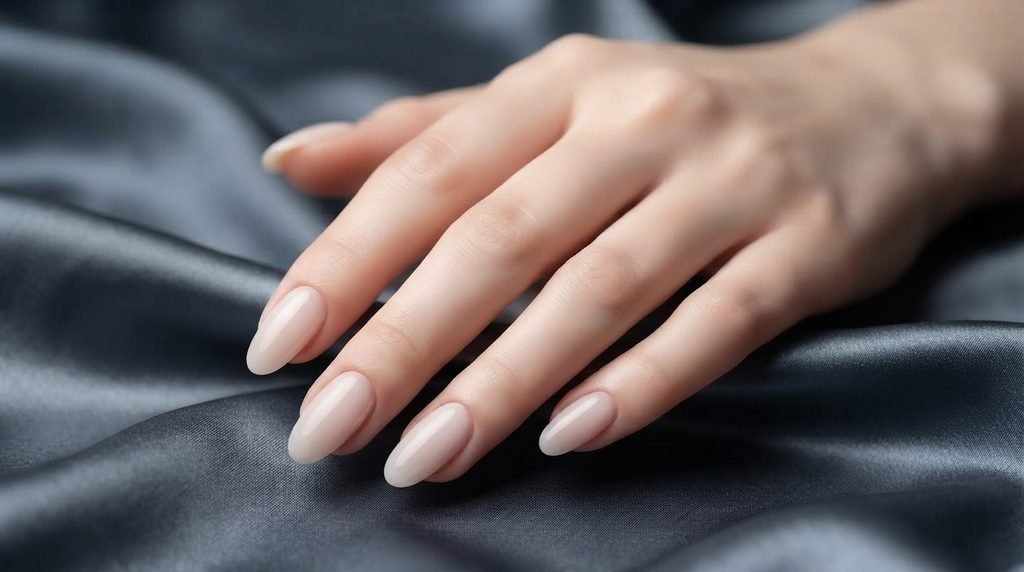 Close-up photograph of an 18-year-old female hand with smooth, very white skin, featuring short almond nails with a flawless, creamy and slightly translucent milky rich girl white-pink polish finish, posed against a luxurious deep slate gray silk background.