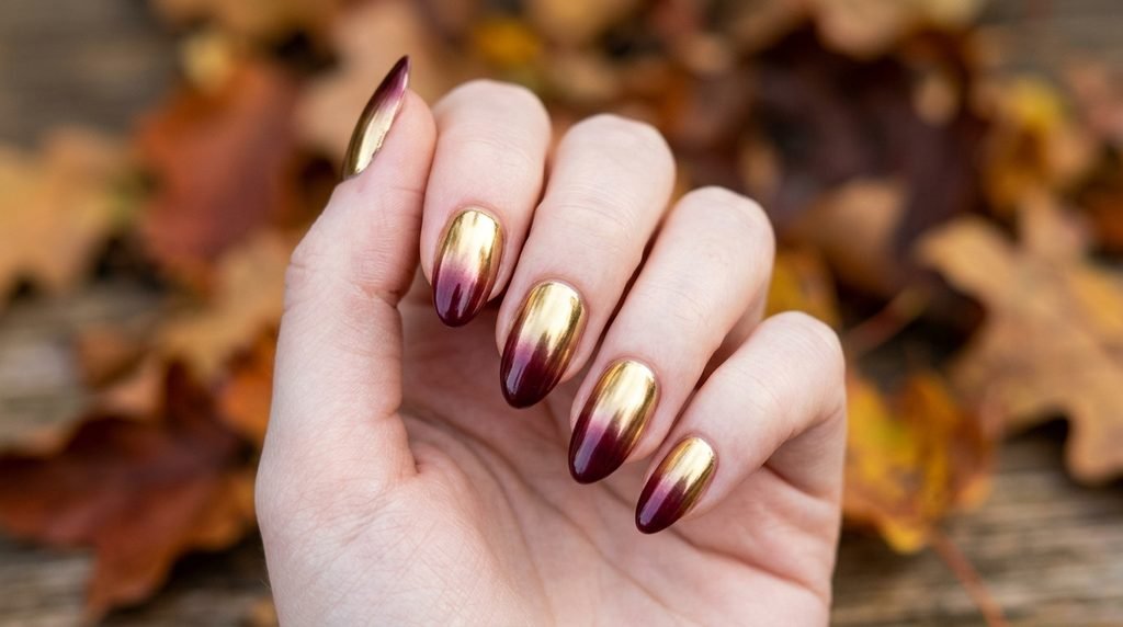 A macro close-up of two fingers with a smooth, perfectly blended gradient transition from gold chrome at the base to deep burgundy at the tip. Soft leaf background.