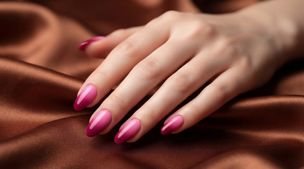 Close-up photograph of an 18-year-old female hand with smooth, very white skin, displaying medium-length almond nails with a flawless vertical magenta pink ombre finish, seamlessly blending colors, posed against a luxurious dark copper satin background.