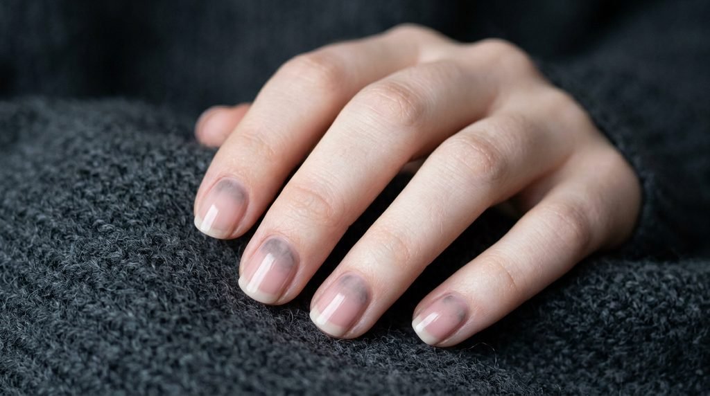 A close-up photograph of short round nails with a dusty rose base and subtle smoky gray aura shading at the cuticles, against a blurred charcoal woolen background.