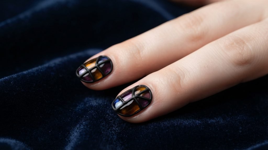 Macro photograph of two nails on an 18-year-old female hand with very white skin against navy velvet showing matte black lines over glossy stained glass gel.