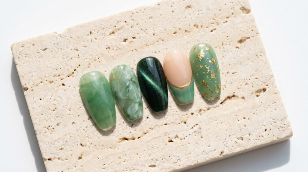 Five press-on nail tips showing different jade green nail art designs arranged on a beige stone surface.