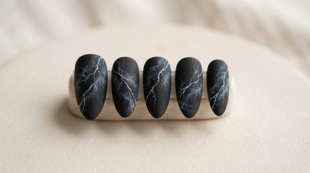 Close-up of an 18-year-old female hand with white skin showing glossy almond-shaped smoky black marble nails against dark slate