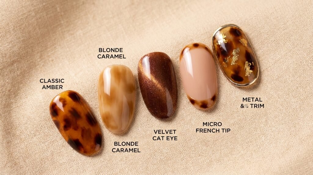 A flat-lay display of five nail tips featuring various tortoiseshell designs on beige linen.