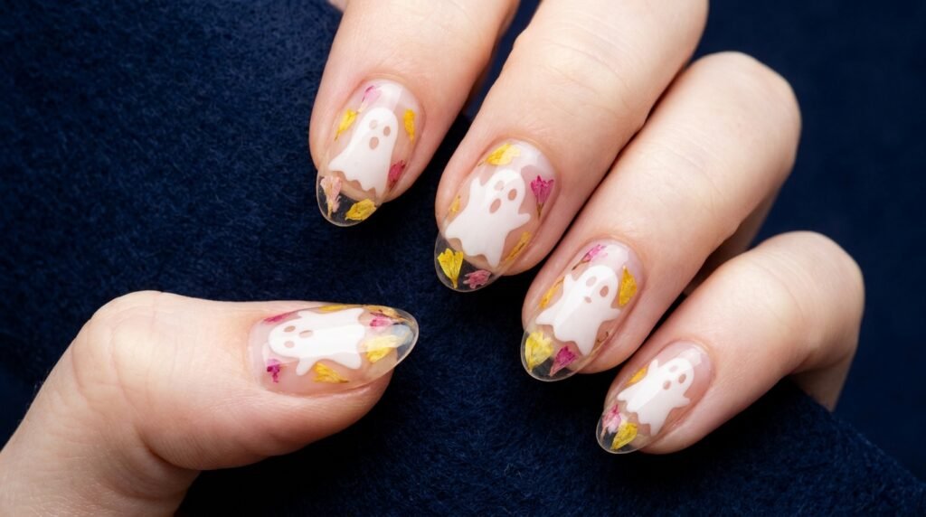 Clear negative space oval nails with ghost outlines and encapsulated dried flowers on white skin.