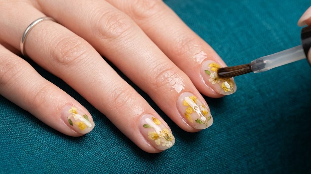 Clear gel being applied over tiny real flower petals on an almond nail against a deep teal background.