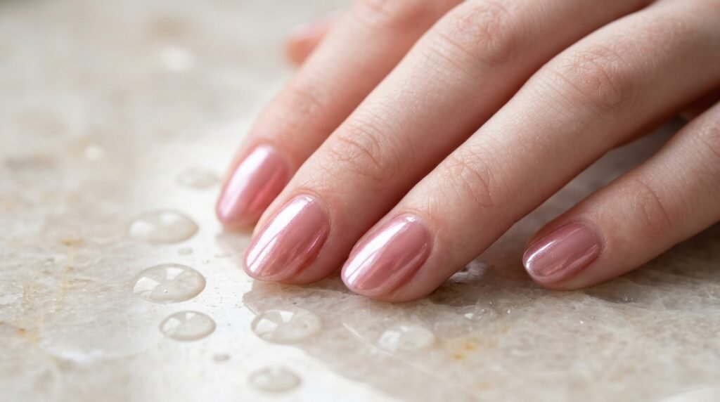 Extremely glossy metallic rose water chrome nails that look wet on an 18-year-old female hand with pale white skin.