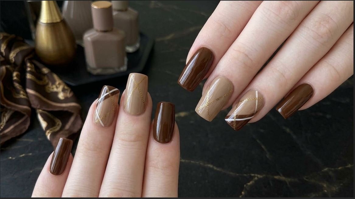 Feature image showing an 18-year-old female hand with very white skin displaying chocolate brown and gold almond nails.