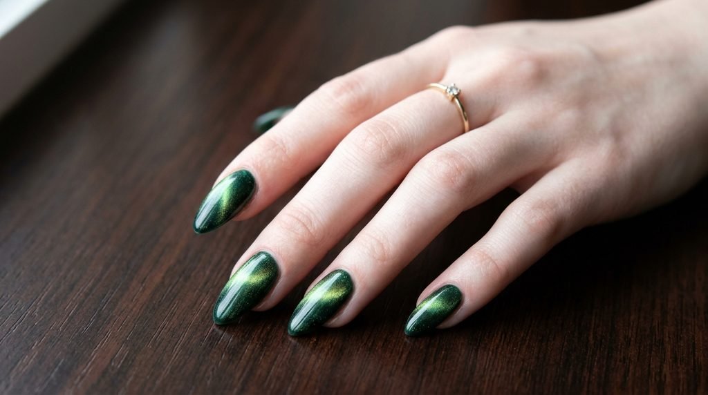 Almond-shaped emerald magnetic nails on a female hand with very white skin against dark espresso wood.