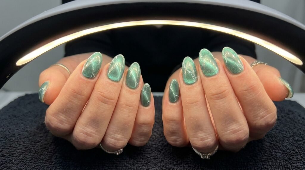 Hand showing cat-eye jade green nails with light reflecting off the metallic magnetic centers.