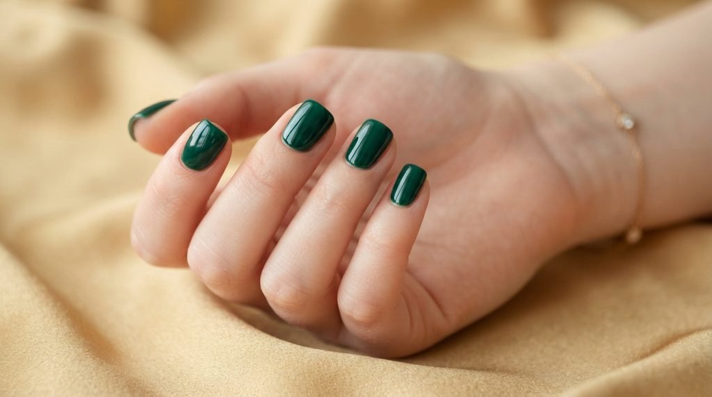 An intimate close-up photograph of short square nails with a glossy dark emerald green polish on a very white 18-year-old female hand, against a blurred gold silk background.