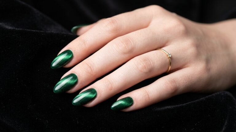 Close-up of an eighteen-year-old female hand with very white skin showing emerald green magnetic cat eye almond nails against a black background.