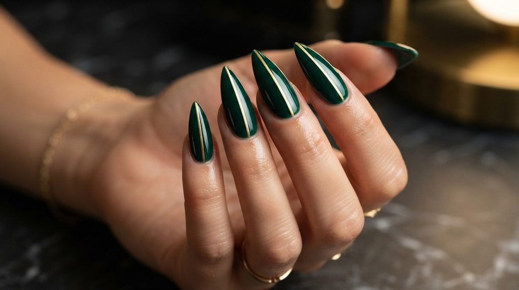 Sharp pointed stiletto nails painted deep emerald green with gold trim on an eighteen year old female hand with fair skin over plum satin.