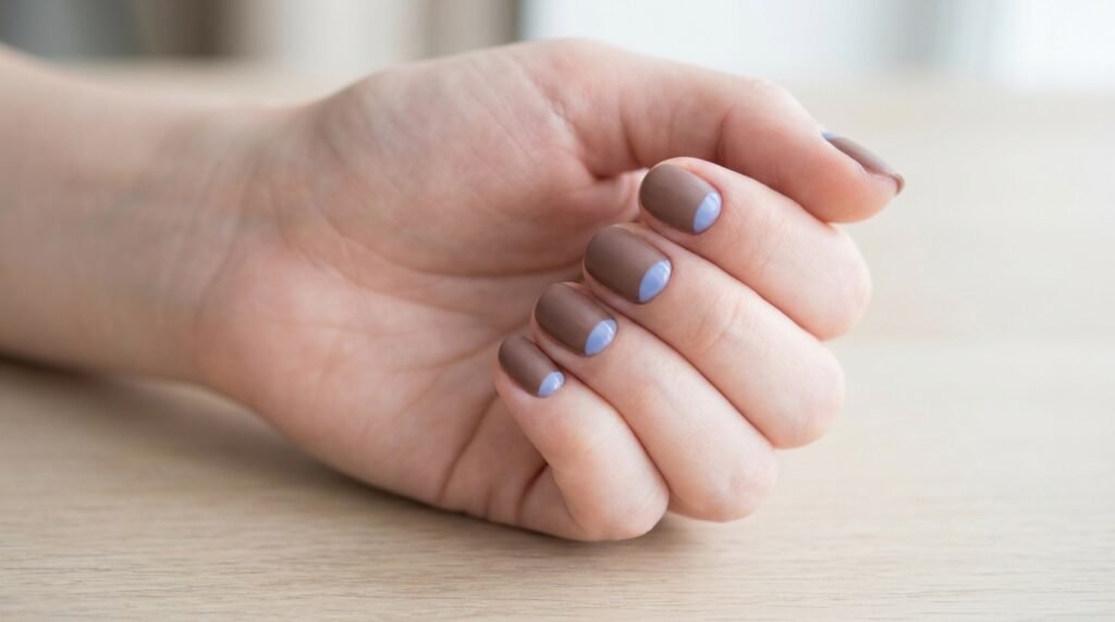 Medium square mocha brown nails with precise cobalt blue outline art on an 18-year-old female hand with white skin.