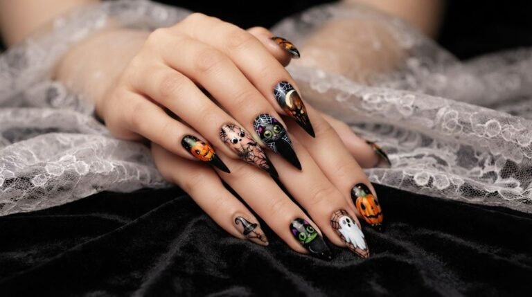 A female hand with white skin showing long stiletto nails with mismatched black cat, pumpkin, and ghost Halloween designs.