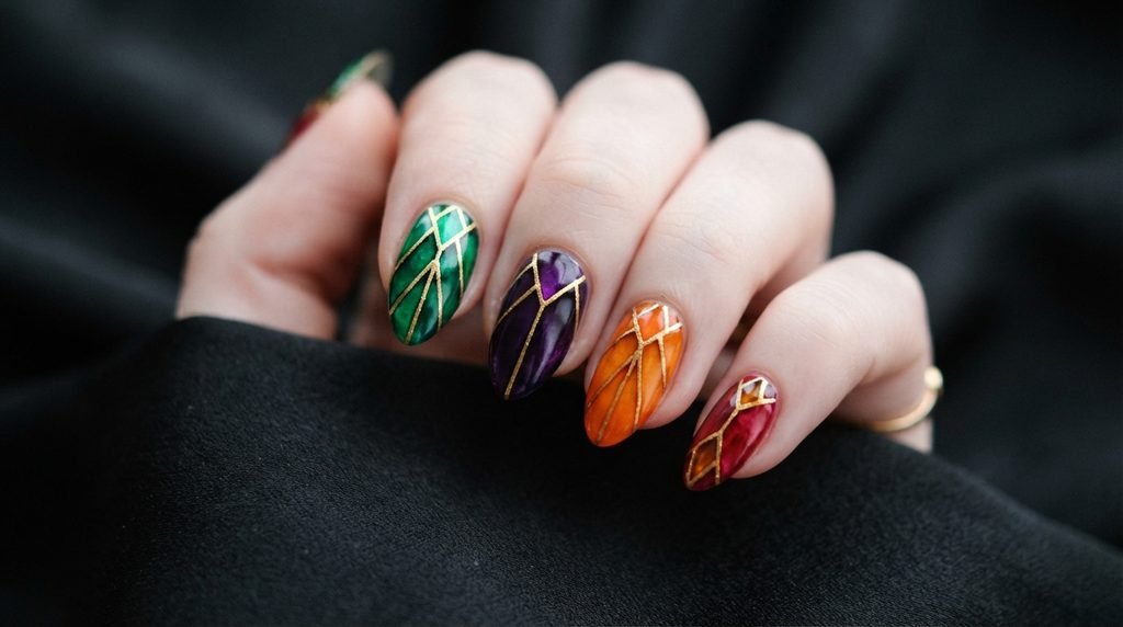 Extreme close-up of a female hand age 18 with very white skin displaying vibrant, transparent jewel tone halloween nails and gold outlines against a soft black silk background.