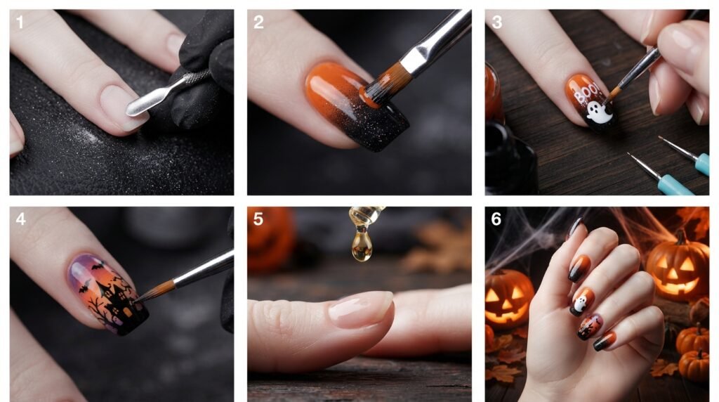 Close up of cuticle oil application on glossy Halloween coffin nails