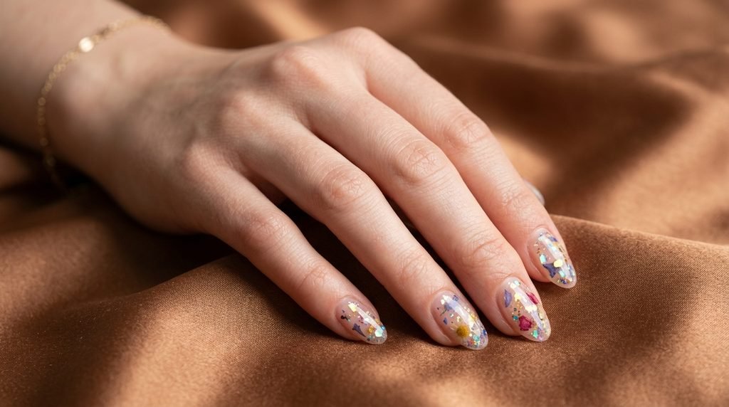 Nails with dried flower petals and sparkling confetti on a female hand with white skin over bronze silk.