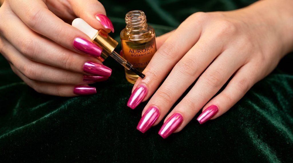 Close-up photograph of an 18-year-old female hand with smooth, very white skin, featuring flawless, medium-length coffin nails with a brilliant, high-shine hot pink chrome finish, posed as if maintaining the mani, against a luxurious dark forest green velvet background.