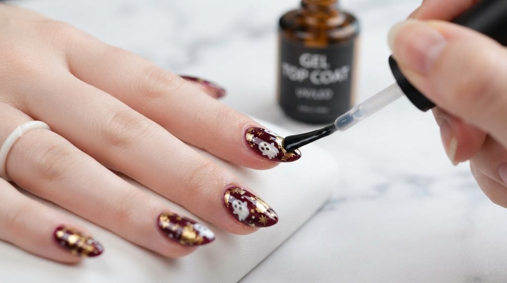 A detailed close-up shot showing a gel top coat brush applying a final layer and capping the free edge of a flawless, high-gloss burgundy and gold chrome nail. White clean background.