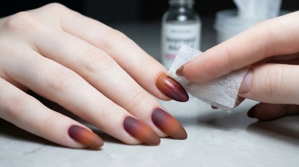 An 18-year-old female hand with white skin cleaning a matte ombré nail with a lint-free alcohol wipe.