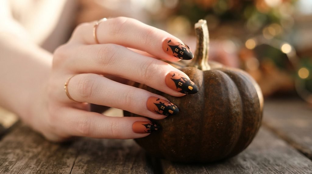 An 18-year-old female hand with white skin showing an almond nail decorated with a black haunted house silhouette.