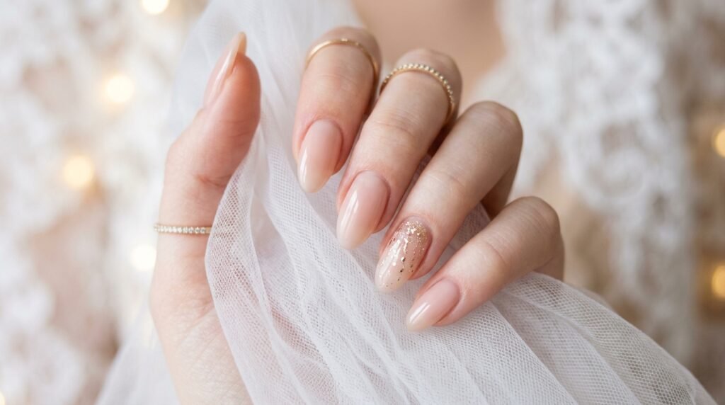An 18-year-old female hand with very white skin showing bridal almond nails in soft blush nude with champagne gold splatter.
