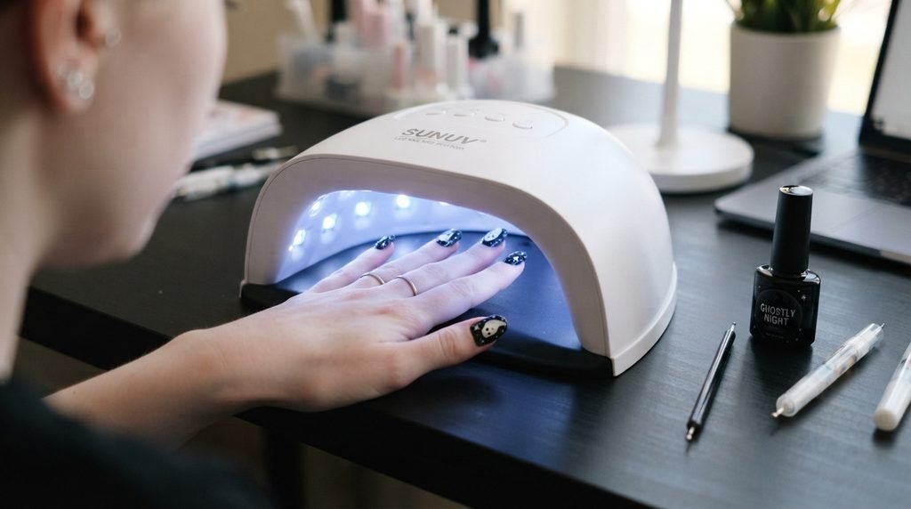 Female hand with very white skin under an LED gel curing lamp on a dark workstation.