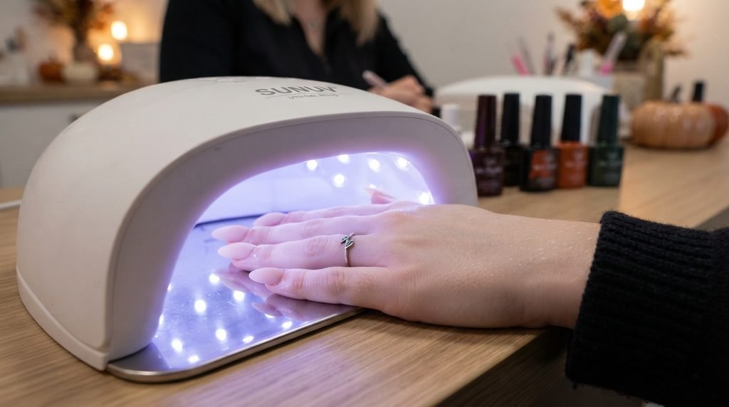 An 18-year-old female hand with white skin curing almond gel nails with matte top coat inside a UV lamp.