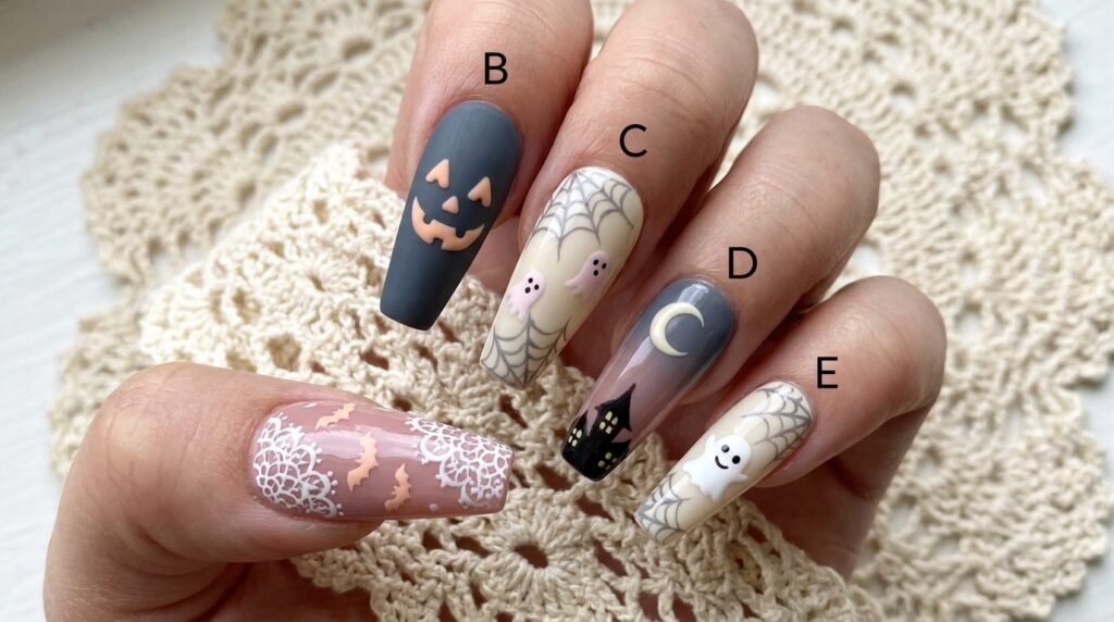 Macro photograph of a hand with long coffin nails displaying vintage pastel Halloween nail art with dusty rose lace, soft grey webs, and cute white ghosts on a lace doily.
