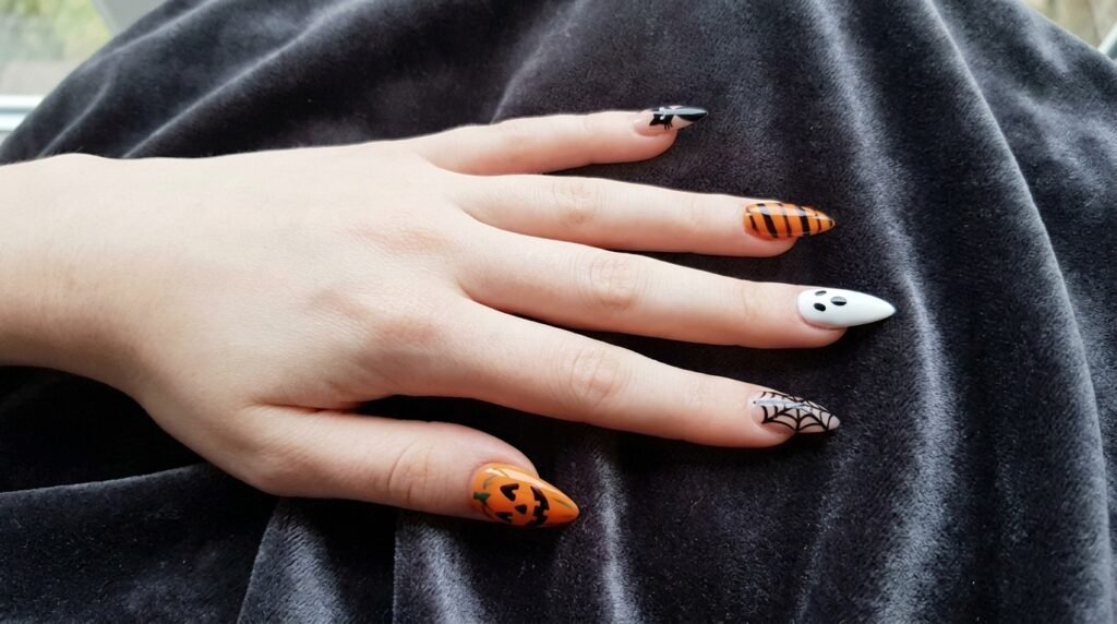 A female hand with white skin showing long stiletto nails with mismatched black cat, pumpkin, and ghost Halloween designs.