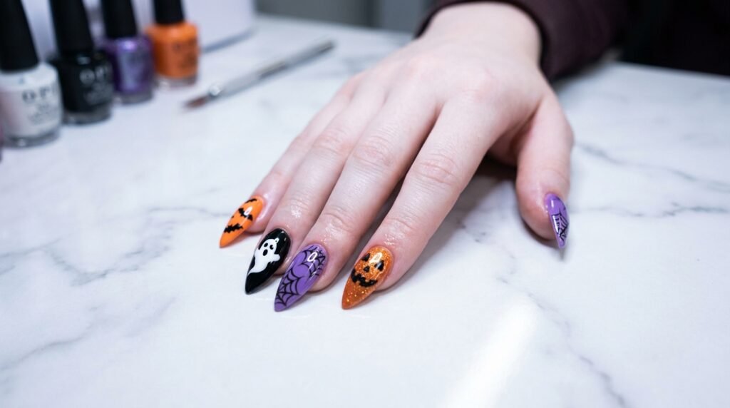 Finished mismatched Halloween stiletto manicure on an 18-year-old female hand with white skin on a marble table.