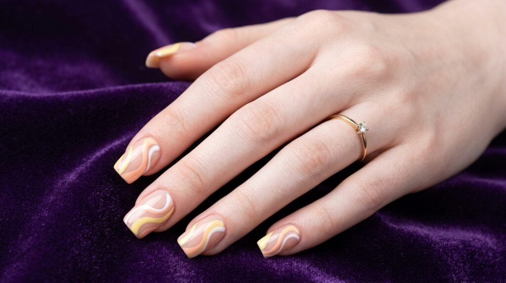 Clear nude squoval nails with pastel yellow, white, and peach swirls on a pale female hand.