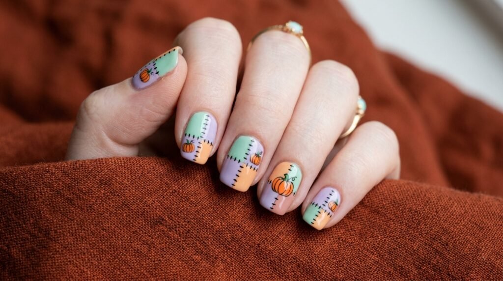 Short squoval pastel patchwork pumpkin nails on an 18-year-old female hand with very white skin.
