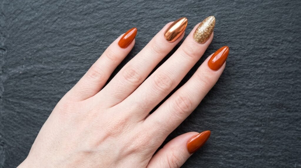 Close-up of 18-year-old female hand with very white skin showing burnt orange almond nails with copper chrome and gold glitter.
