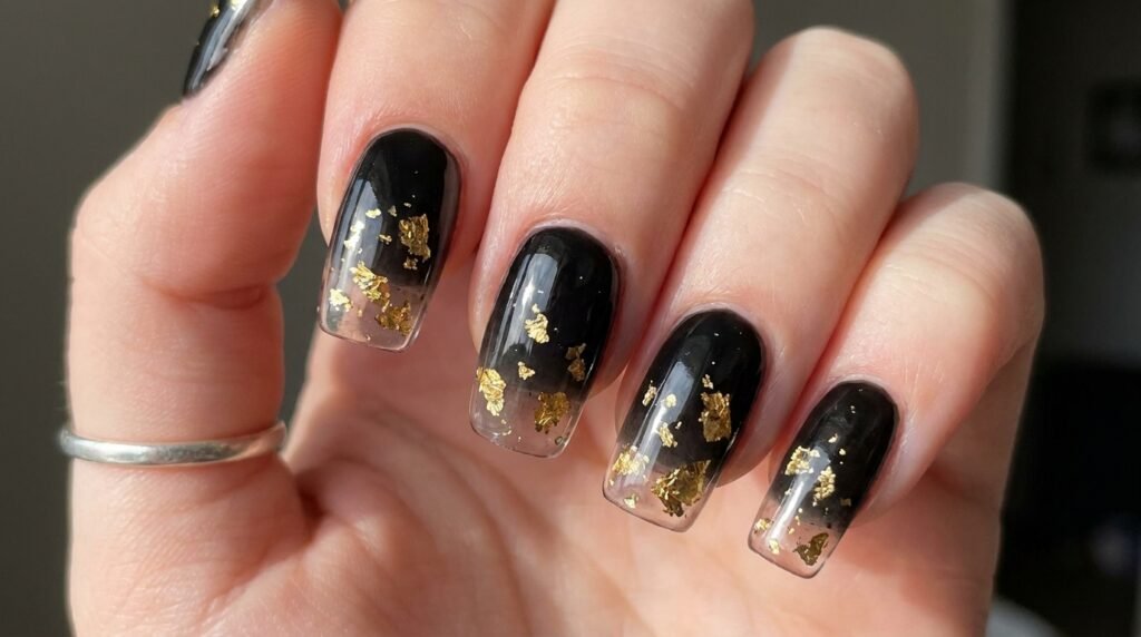 Square black gradient nails encapsulated with irregular metallic gold foil flakes.