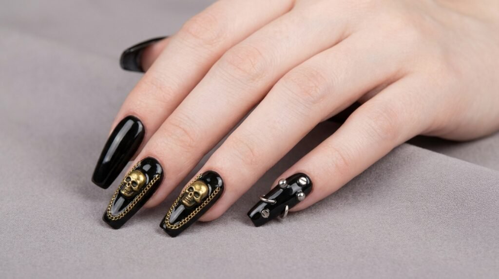 Black coffin nails showcasing gold and silver gothic skull metal hardware on white skin female hand.