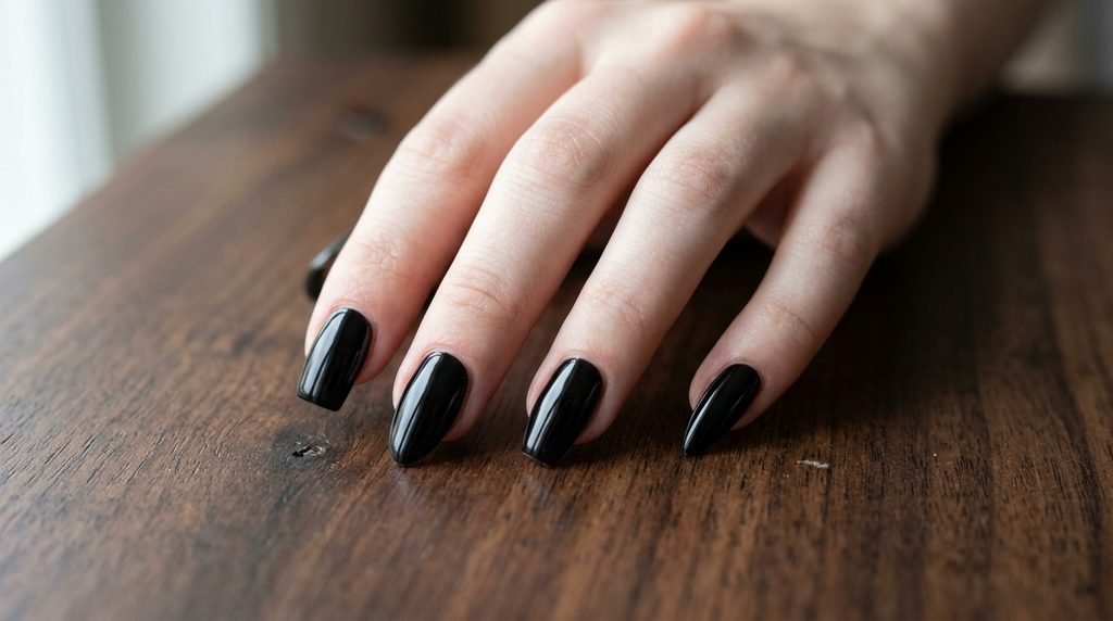 Close-up of glossy black nails in almond, coffin, and stiletto shapes on a white hand.