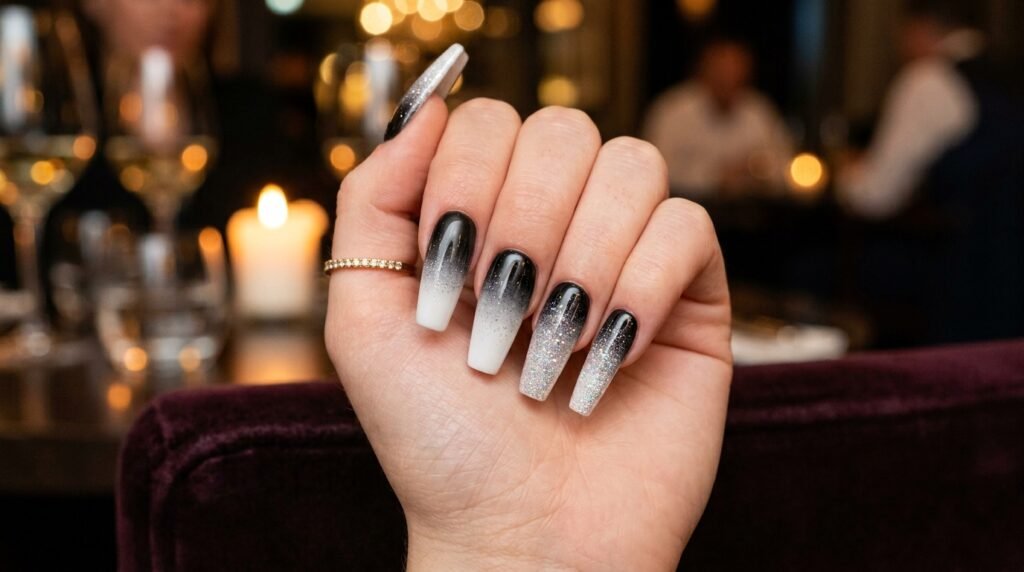 Long coffin nails with black and white ombré polish layered under fine silver glitter.
