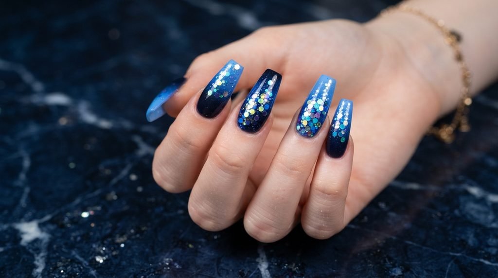High-angle close-up of long coffin blue ombré glitter nails against dark blue marble background.