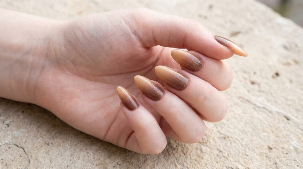 An 18-year-old female hand with white skin displaying long almond nails with mocha caramel ombre and gold glitter.