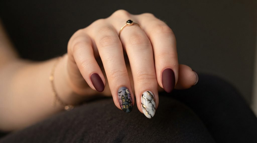 An 18-year-old female hand with white skin showing solid matte burgundy nails alongside detailed Halloween accent nails.