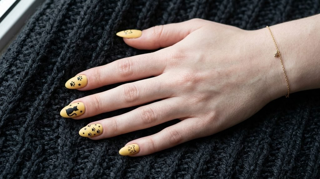 Medium almond nails styled with matte yellow polish and black cat design mix.