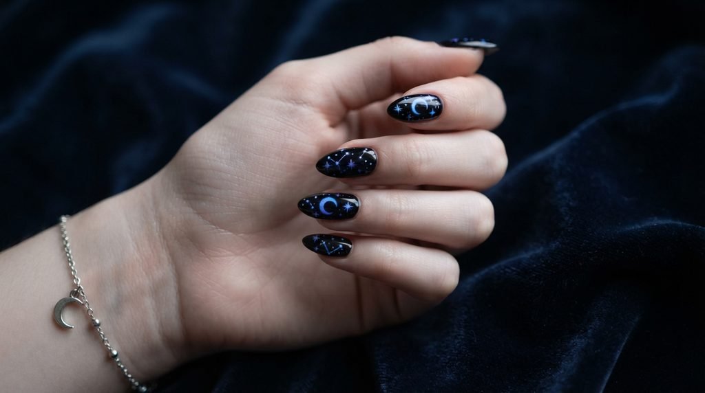 Black almond nails decorated with glowing blue and purple moons and stars on dark velvet