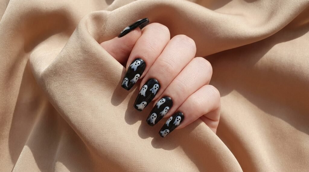 Cute white ghost nail art with tiny eyes painted over glossy black long coffin nails on a white skin hand.
