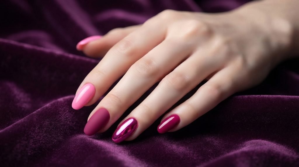 Close-up photograph of an 18-year-old female hand with smooth, very white skin, featuring medium-length coffin nails with diverse vibrant bubblegum cream, matte magenta, and hot pink chrome finishes on different nails, posed against a luxurious deep amethyst velvet background.