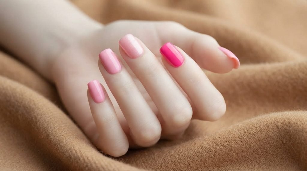 Close-up photograph of an 18-year-old female hand with smooth, very white skin, showing practical short, squared nails with vivid hot pink cream, subtle bubblegum shimmer, and plain bubblegum finishes, posed against a warm camel cashmere background.