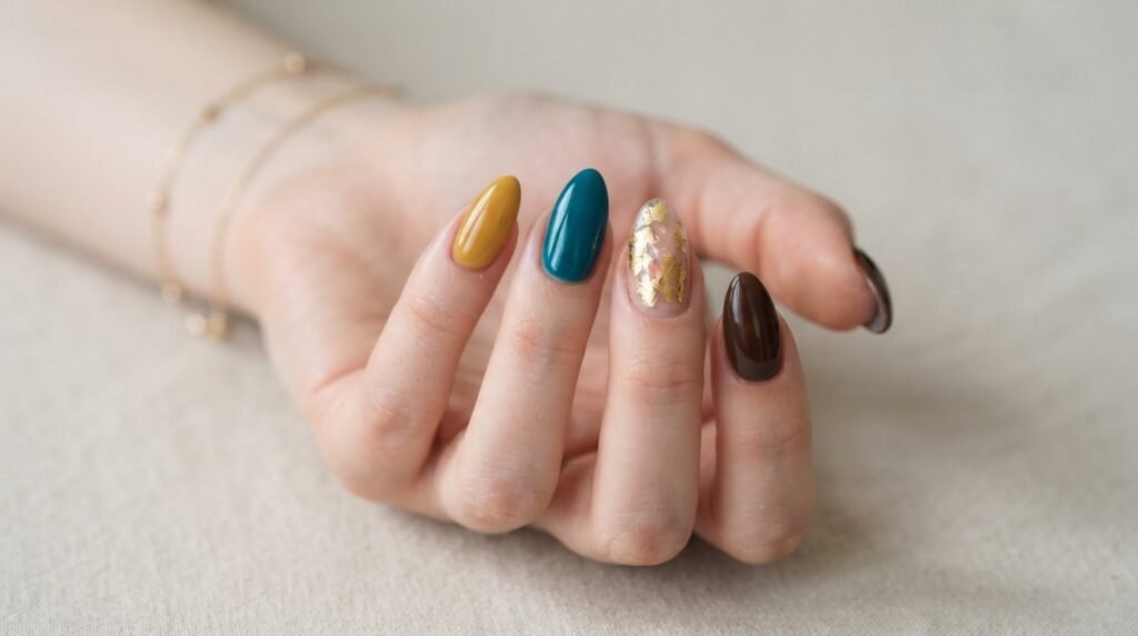 All 5 almond nails in mismatched fall colors on an 18-year-old female hand.